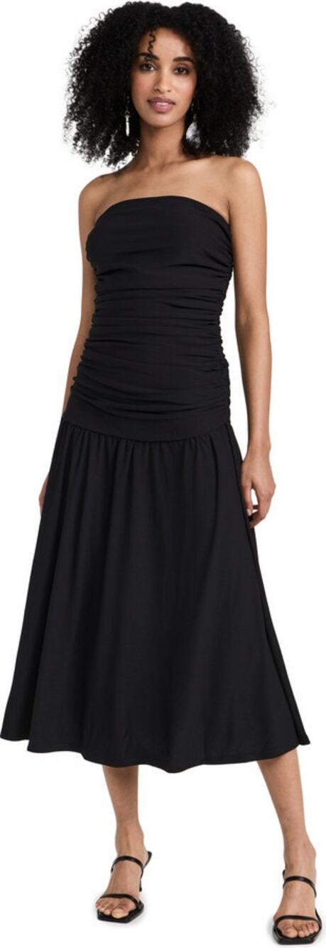 Pixie Market Women's Solid Ruched Black Strapless Flared Long Maxi Dress Size L